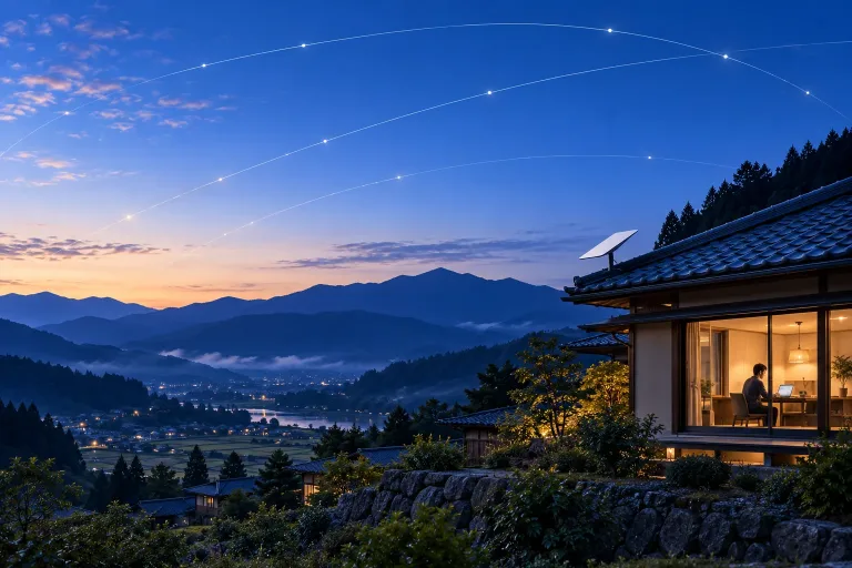 山あいの住まいと開けた空を描いたイメージイラスト