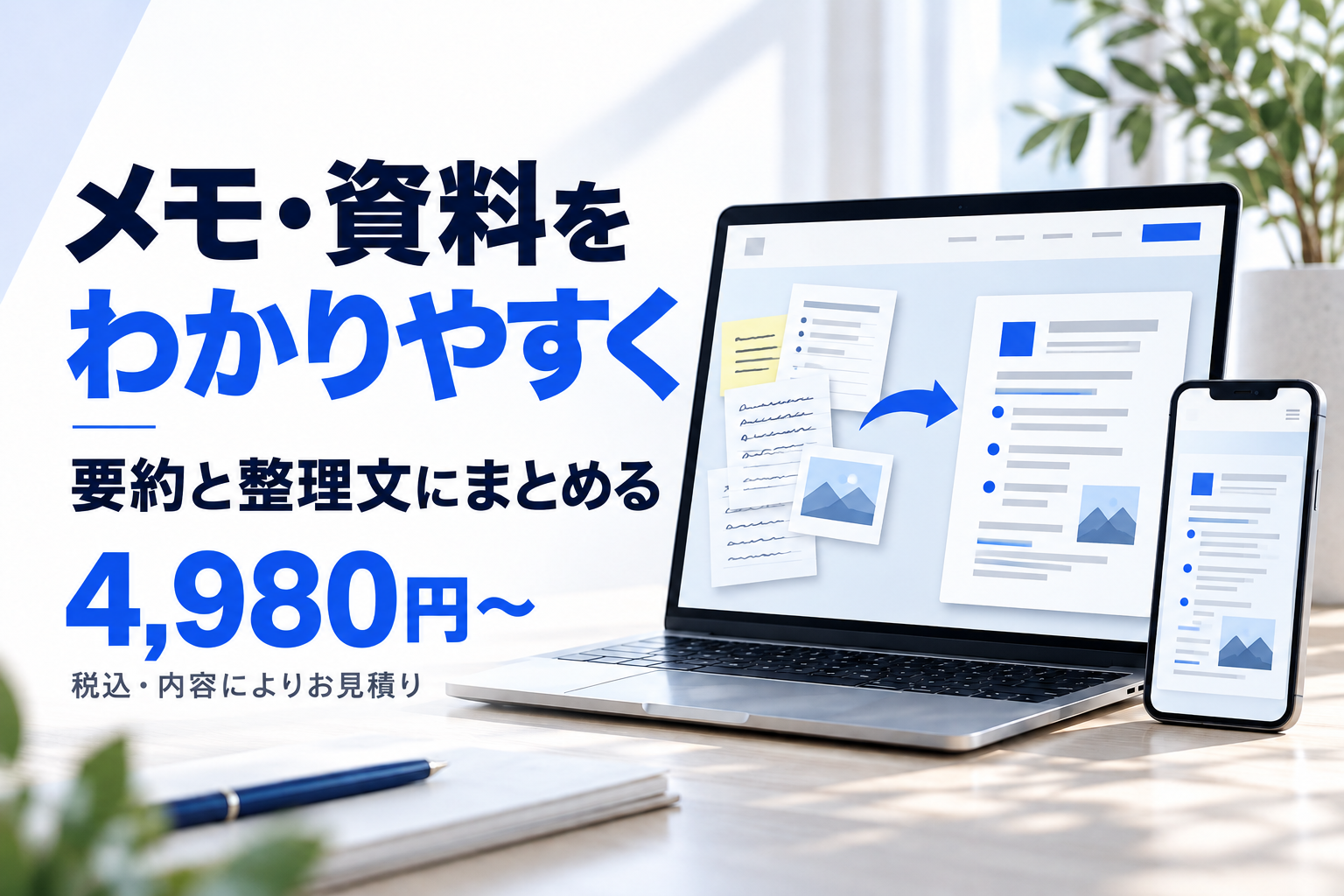 短いメモや資料を、要約と分かりやすい整理文へまとめます